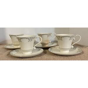 (4) Vintage Cameo by Pickard Footed Cup & Saucer Sets White Roses Platinum Trim
